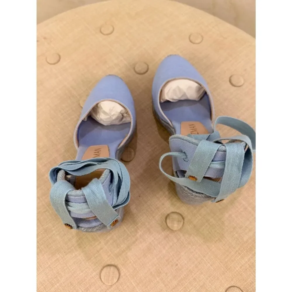 Stuart Weitzman Light Blue Espadrille Wedge Ankle-Tie Sandals - Picture 11 of 12
